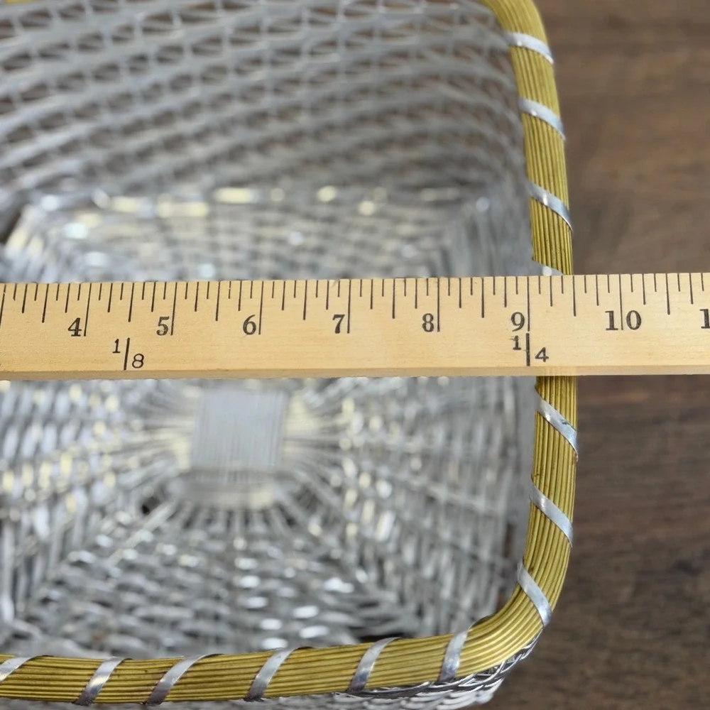 Vintage Woven Metal Wire Basket Silver Gold Trim Square Made in India 9.5 x 5 in